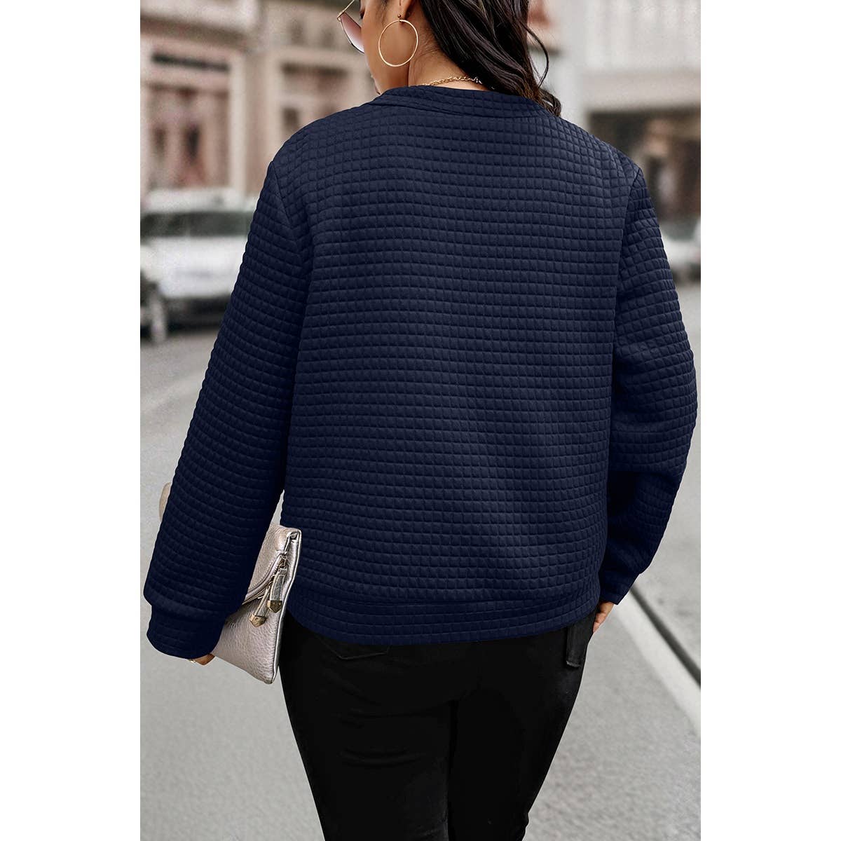Plus Size Plain Textured Zipper Fit Jacket: NAVY