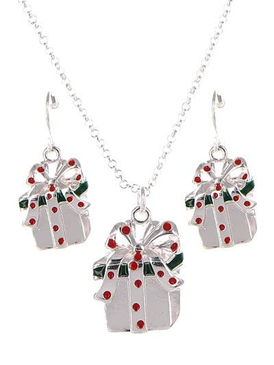 Christmas gift box pendant necklace and matching earrings with red polka dot ribbons