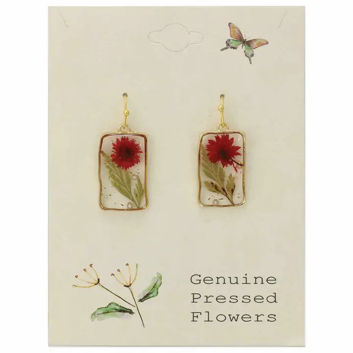 Rectangle drop earrings with cottage red dried flowers