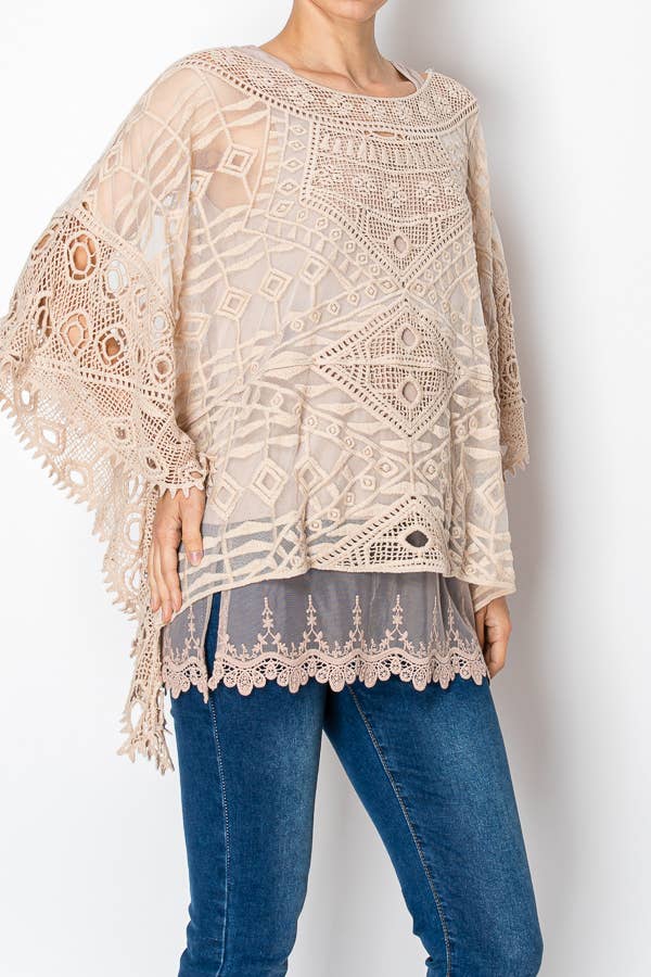 Side view of the taupe crochet poncho top