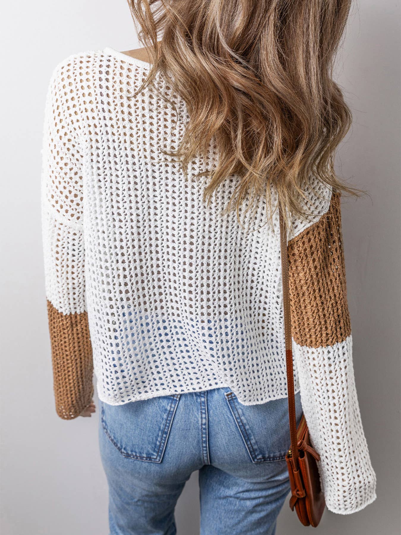 Camel‑Cream Colorblock Waffle Pullover: Beige