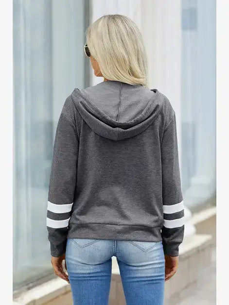 Zipper Strip Long Sleeves Loose Hoodie: WHITE AND CHARCOAL