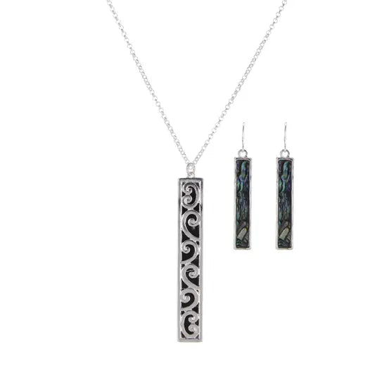 Abalone Pendant Long Metal Necklace Set