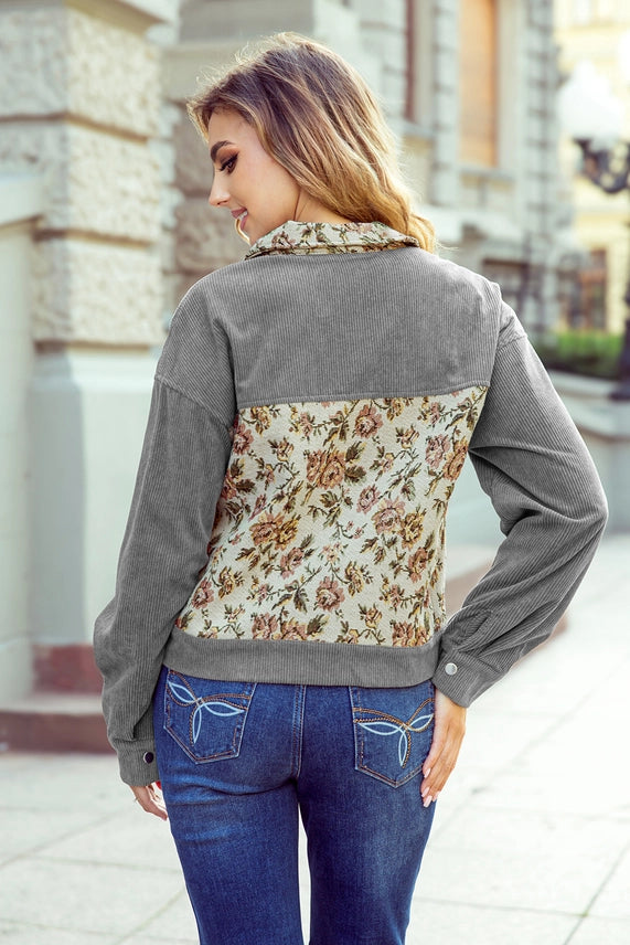 PLUS Ribbed Retro Floral Patchwork Shirt Style Jacket: Gray
