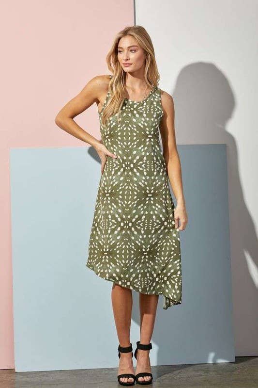 Animal Print Asymmetrical Midi Dress: Olive