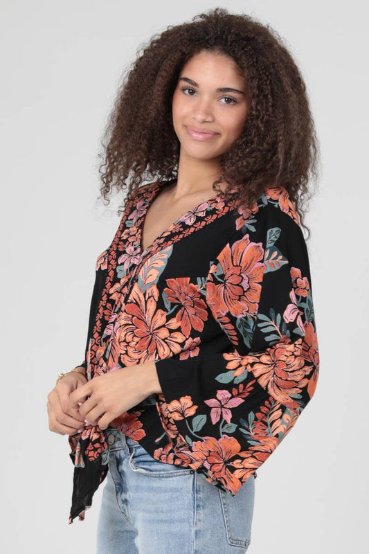 Floral V-Neck Twist-Front Tie-Waist Blouse - Black, photo 2 of 4