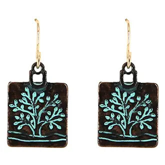 Patina Tree of Life,Hammered Metal Rectangle Earrings