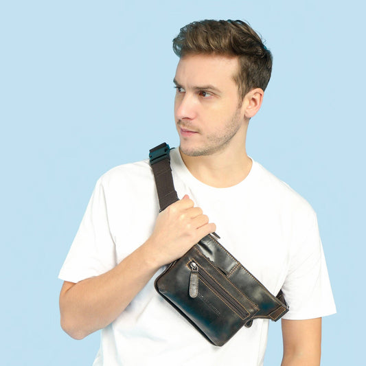 Man in a white tee wearing the dark brown Osaka leather belt bag across his chest