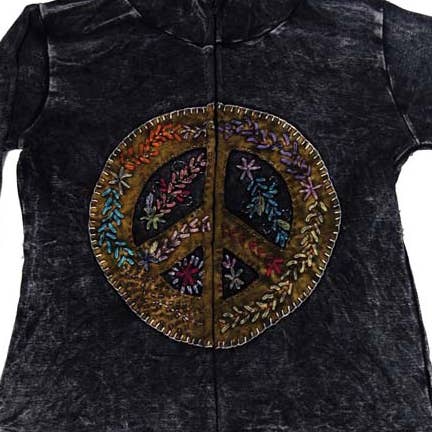 Back of the hoodie jacket showing a large ornate peace sign embroidered in dense multicolor thread across the shoulders
