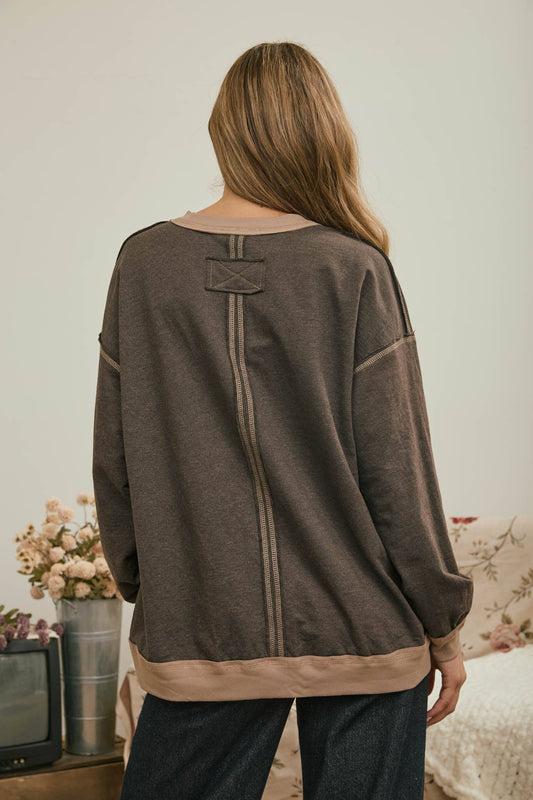 Back view of the chocolate brown exposed seam top