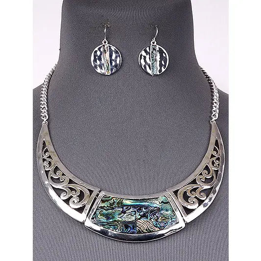 Filigree Cutout Abalone Bar Bib Necklace Set