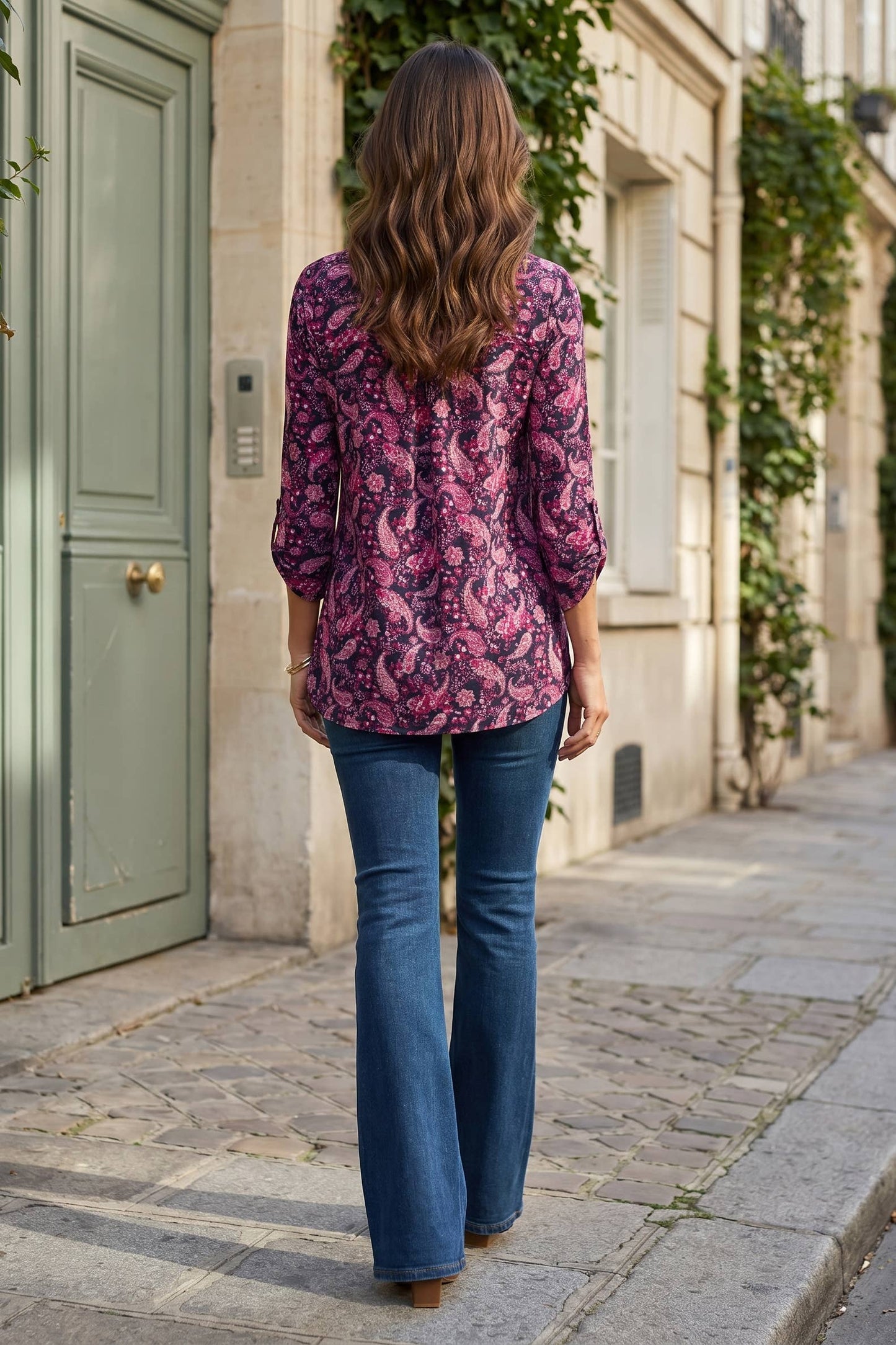Navy and pink fall print Lizzy top with mandarin collar, photo 2 of 2