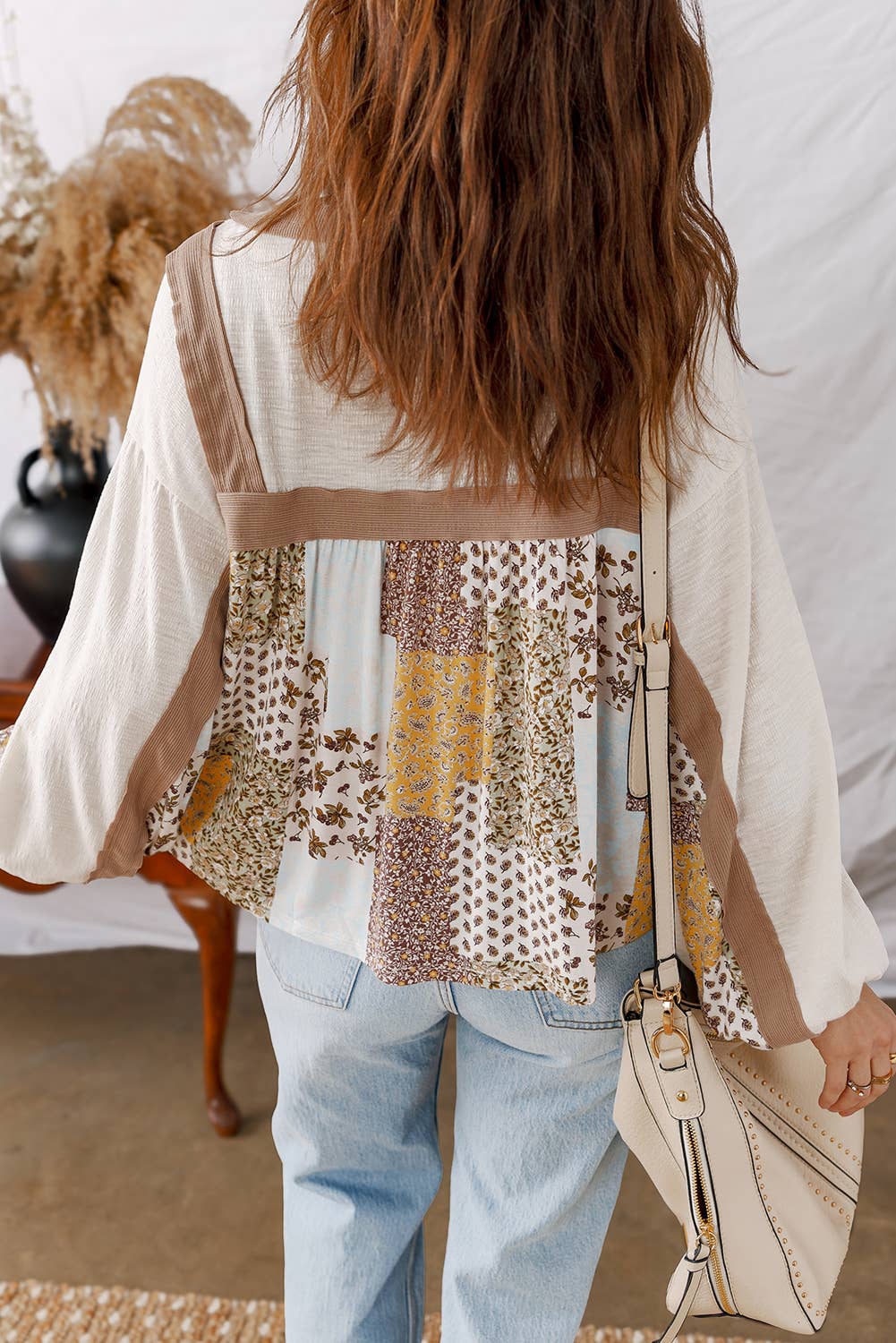 Floral Printed Contrast Patchwork Long Sleeve Top: Brown