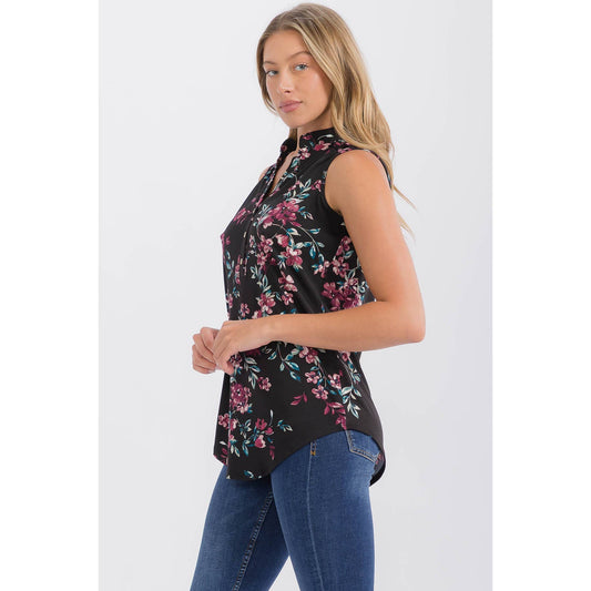 Floral Mandarin Collar V-Neck Sleeveless Shirt - Black, Plum & Teal, photo 2 of 4