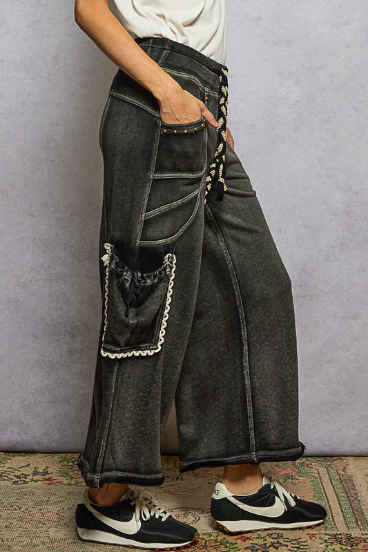 Black French terry wide leg pants with cargo side pockets, photo 2 of 4