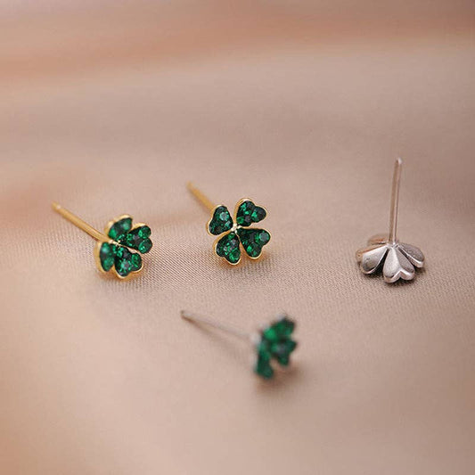 Green Four-Leaf Clover Stud Earrings - Sterling Silver, photo 2 of 5