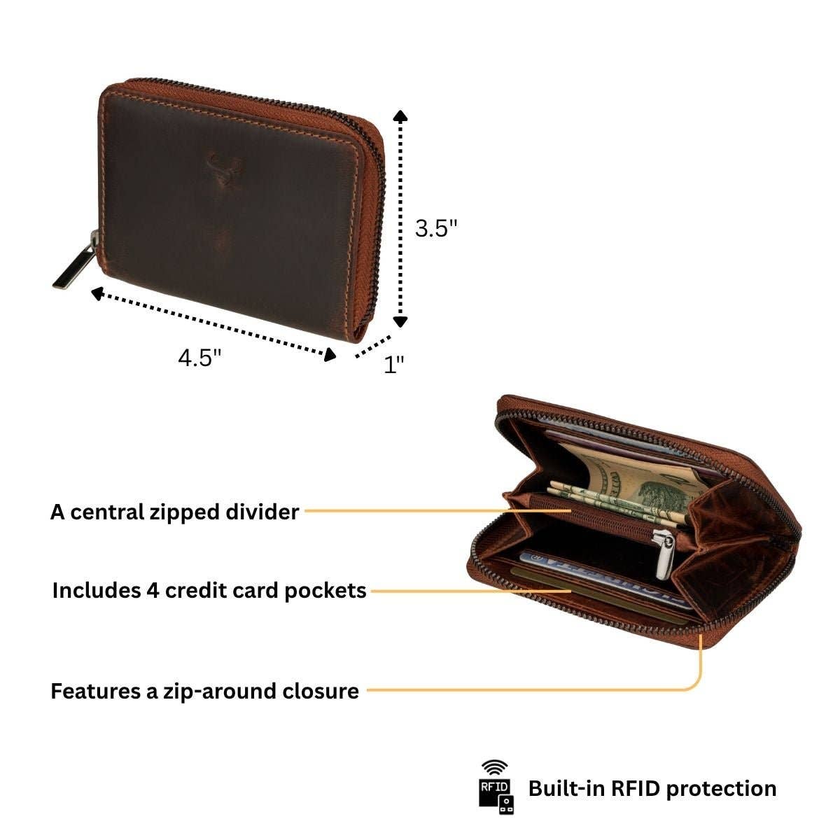 Hazel Full-Grain Leather RFID Zip Wallet - Chestnut, photo 8 of 8
