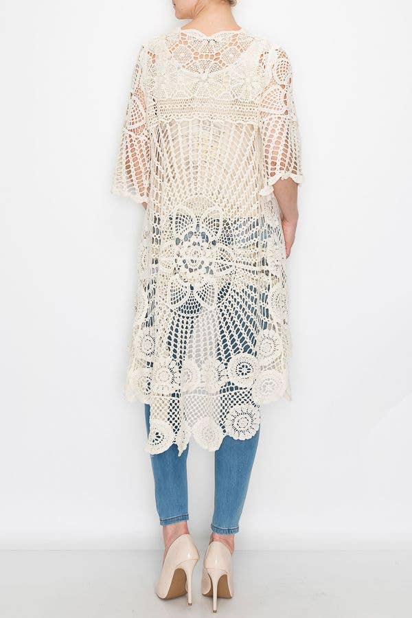 Back view of the natural crochet duster cardigan