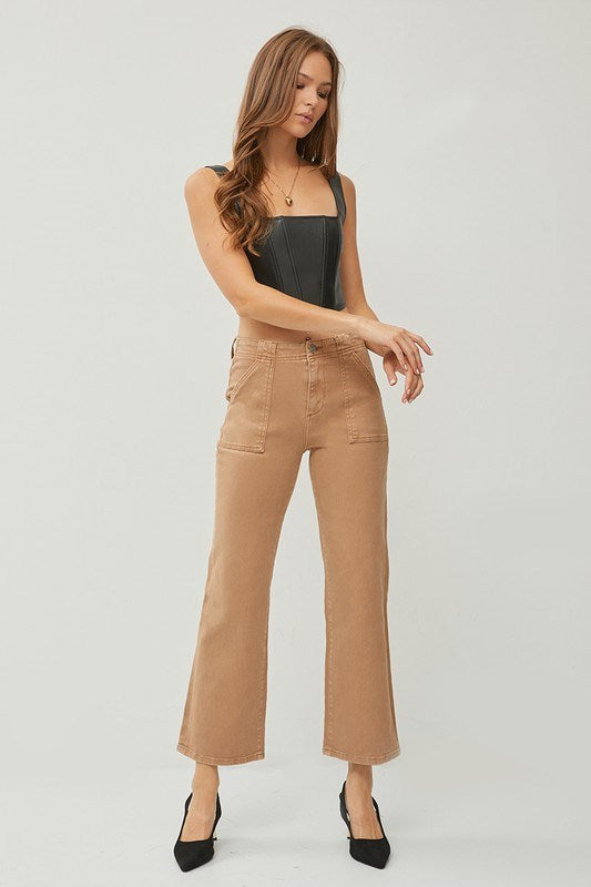 High Rise Patch Pocket Ankle Flare Pants - Cocoa, 98% cotton, 2% spandex, photo 2 of 3