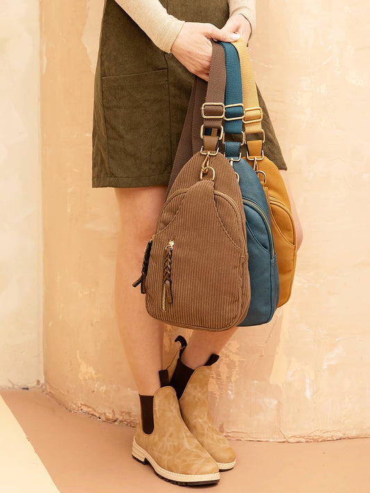 Brown corduroy and vegan leather dual-compartment sling bag, photo 2 of 3