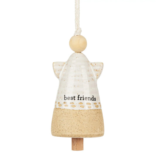 Cream angel shaped mini bell with the words best friends hanging from a cord