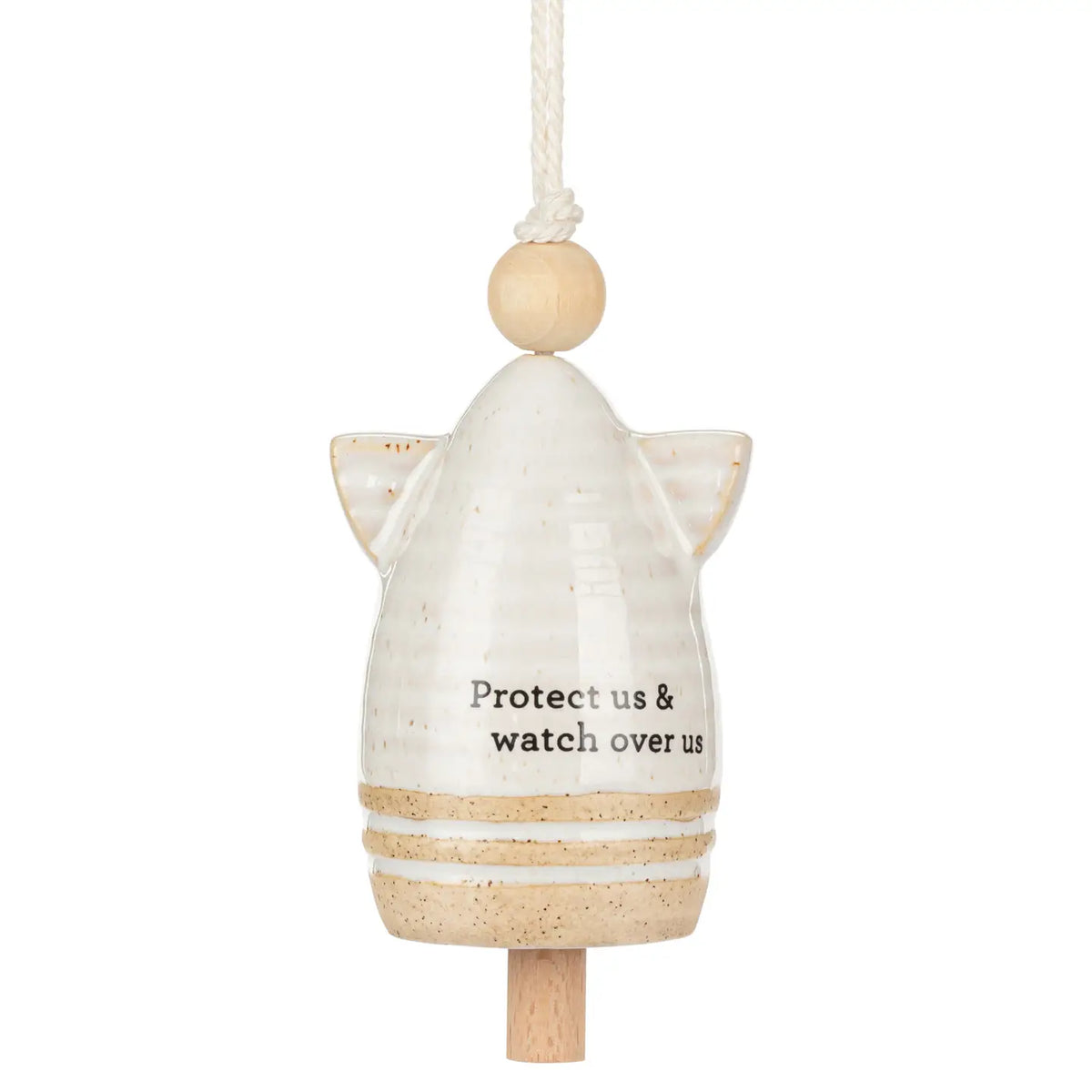 Close-up of the striped angel bell with wings and the guardian angel sentiment