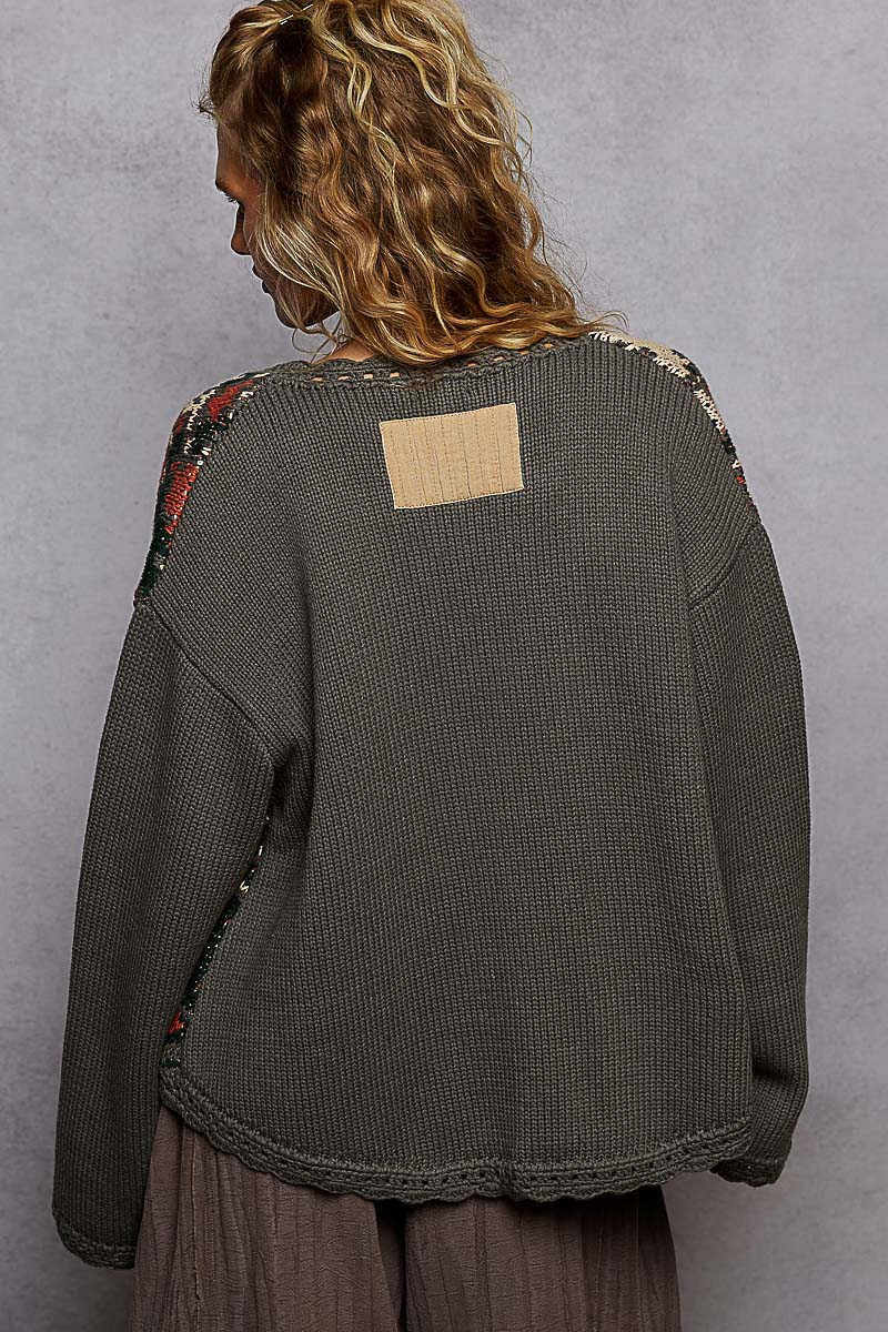 Open Front Aztec Cardigan - Gray & Olive, photo 2 of 2