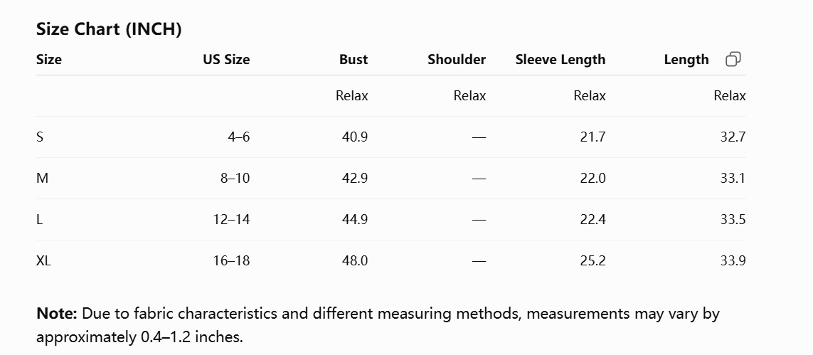 Size chart for the pink plaid shacket, sizes S to XL with bust, sleeve and length in inches