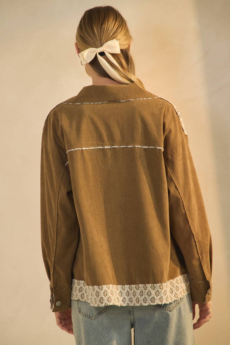 Taupe brown corduroy jacket with lace panel contrast, plus size, by Oddi