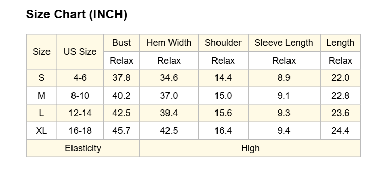 Size chart for the polka dot short sleeve cardigan, sizes S to XL measured in inches