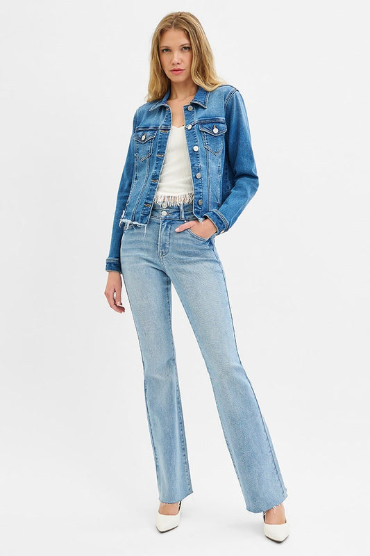 Plus size Risen frayed hem jean jacket in medium wash stretch denim