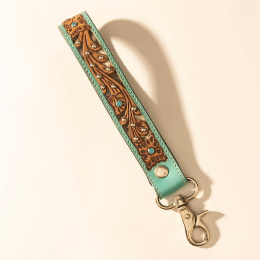 River Glen Hand-Tooled Hairon Leather Key Fob - Turquoise
