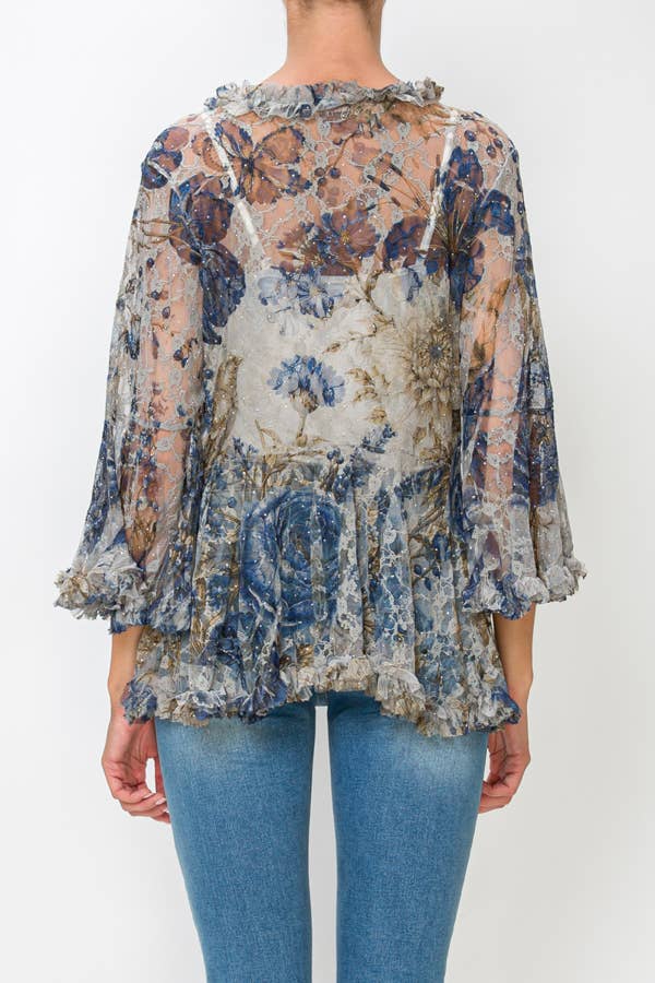 Back view of the sheer floral lace cardigan
