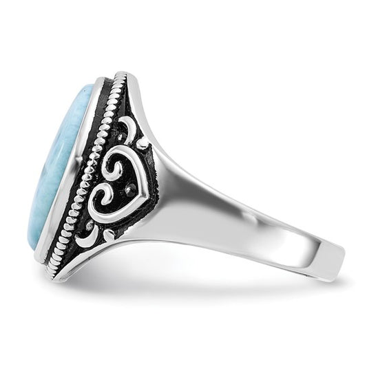 Side profile of the larimar ring showing the heart-detail oxidized gallery