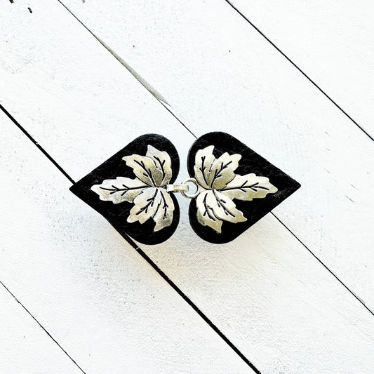 KardiKlips Sweater Clip & Cloak Clasp - Silver Leaf on Black Leather, photo 2 of 5