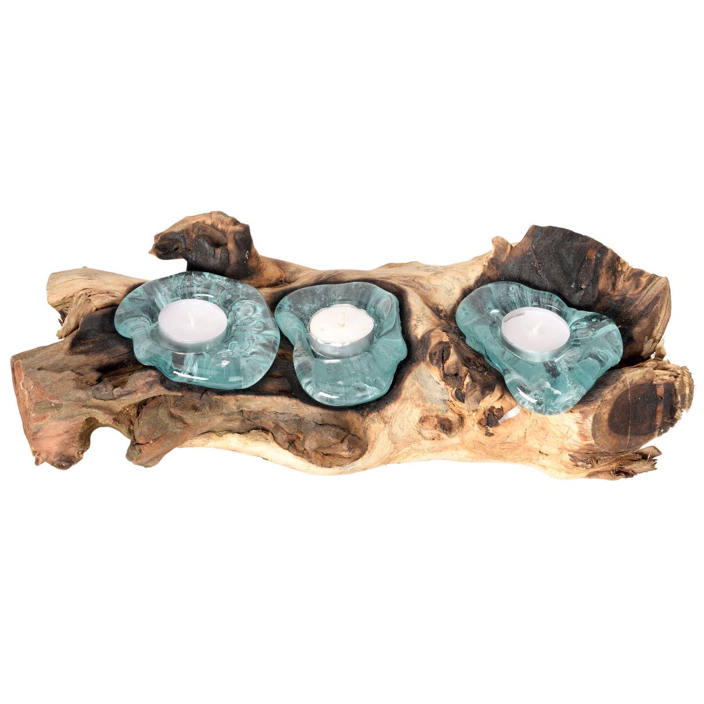 Triple molten glass tea light candle holder on natural driftwood