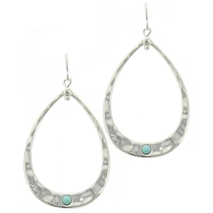 Turquoise Hammered Open Teardrop Metal Earrings