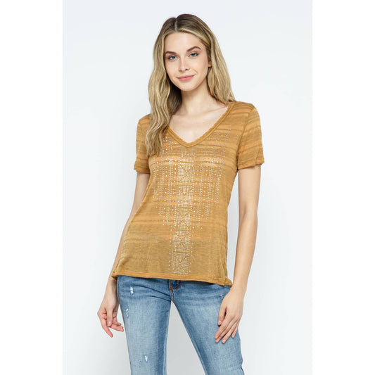 V-Neck Striped Sheer Top with Rhinestones - Mustard, photo 2 of 5