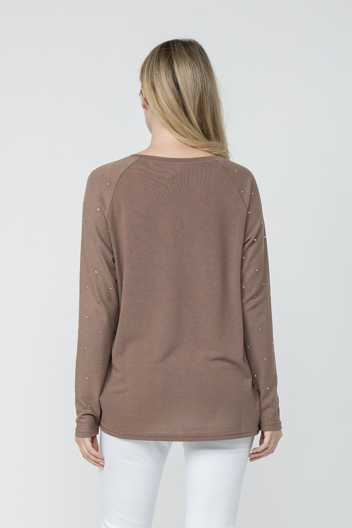 V-Neck Long Sleeve Top with Rhinestone Sleeves - Mocha, photo 3 of 3