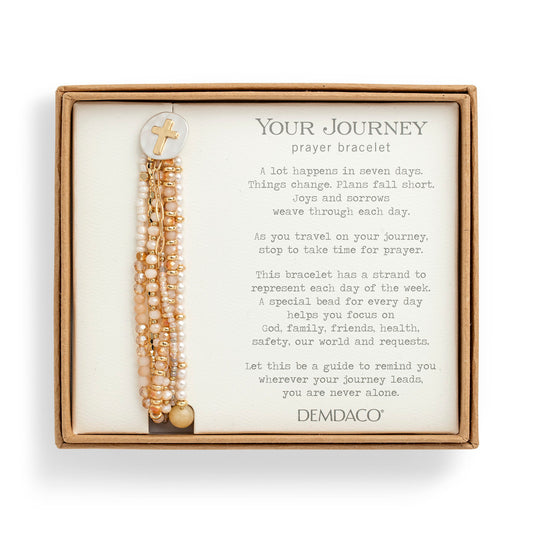 The champagne prayer bracelet mounted on its printed Demdaco Your Journey gift card