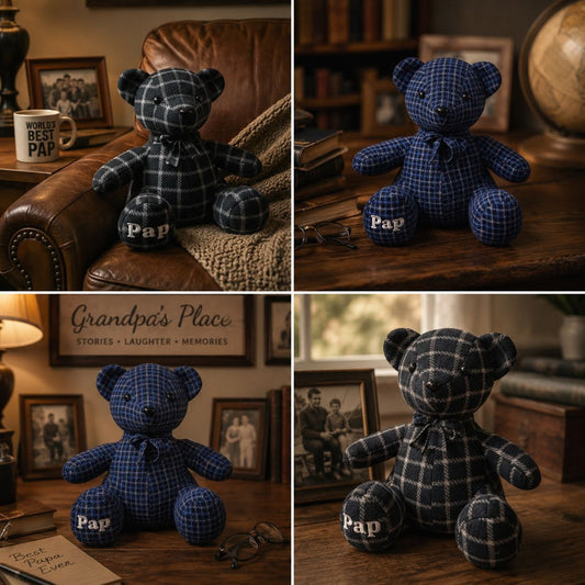 An assortment of custom handmade memory bears with "pap" on the footpad