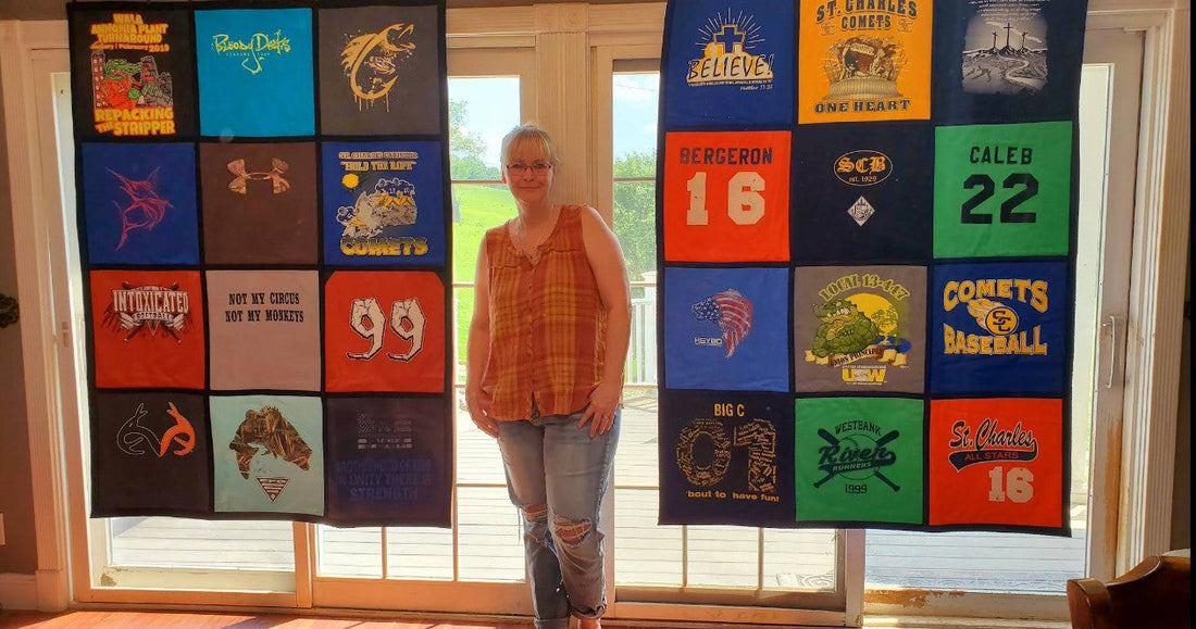 Kim Owner And Operator of Krafty Bandit Displays Two Patchwork Memory Quilts