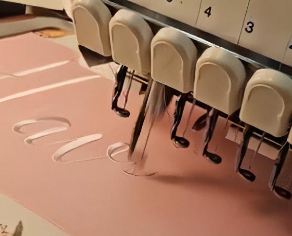 Multi-needle embroidery machine stitching a cursive design onto blush pink fabric