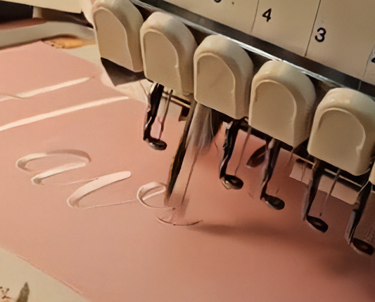 Multi-needle embroidery machine stitching a cursive design onto blush pink fabric