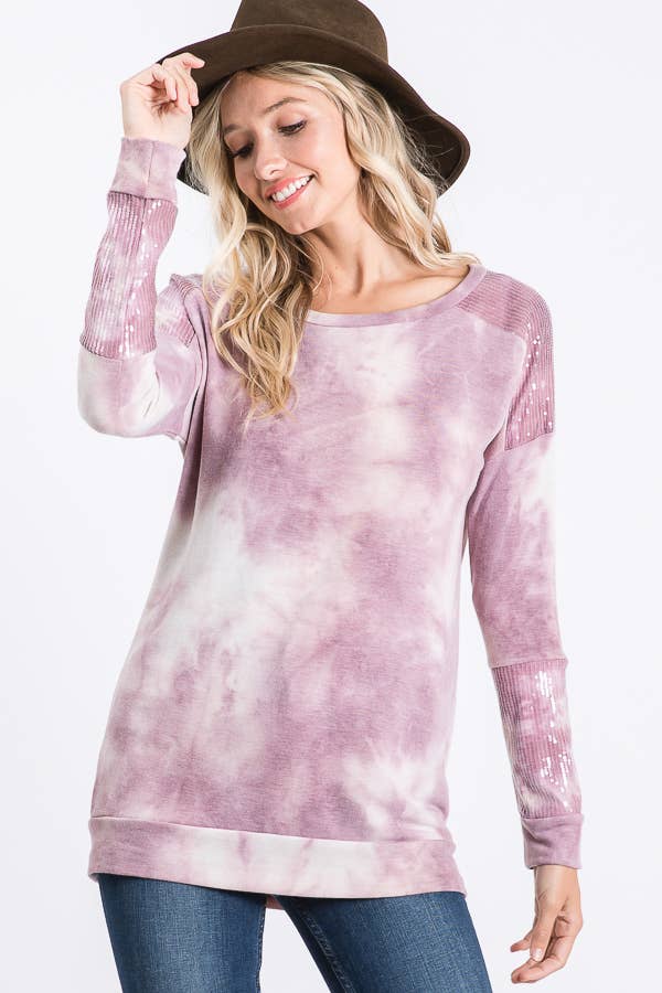 Tie Dye Sequin Contrast Top  Purple