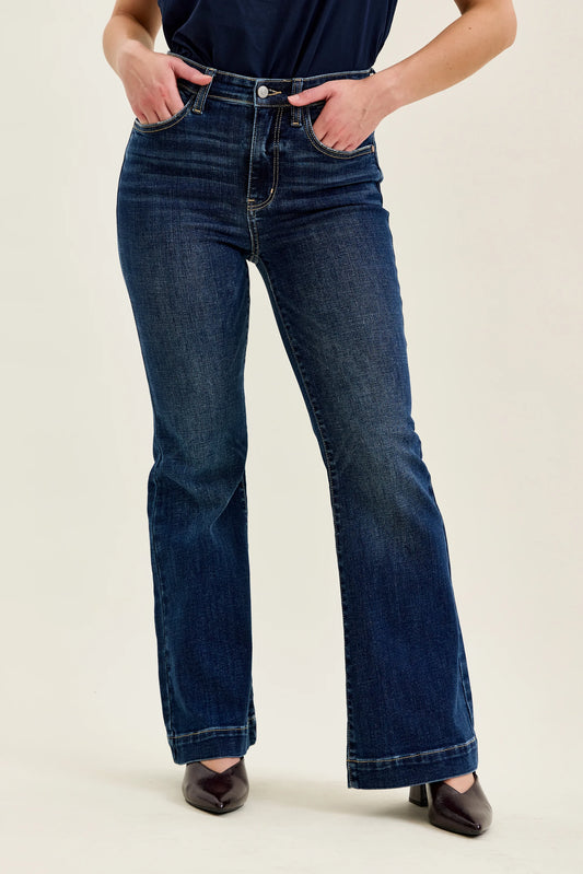 Front view of dark wash Judy Blue petite trouser flare jeans