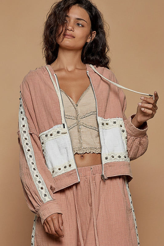 Double Gauze Balloon Sleeve Zip Hoodie -Flamingo Pink