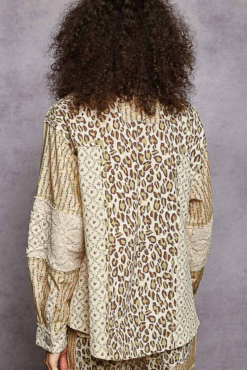 Leopard Pattern Printed Stitch Double Gauze Shirt