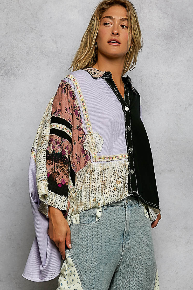 3/4 Sleeve Textured Woven Rib Crochet Embroidery Shirt Sale