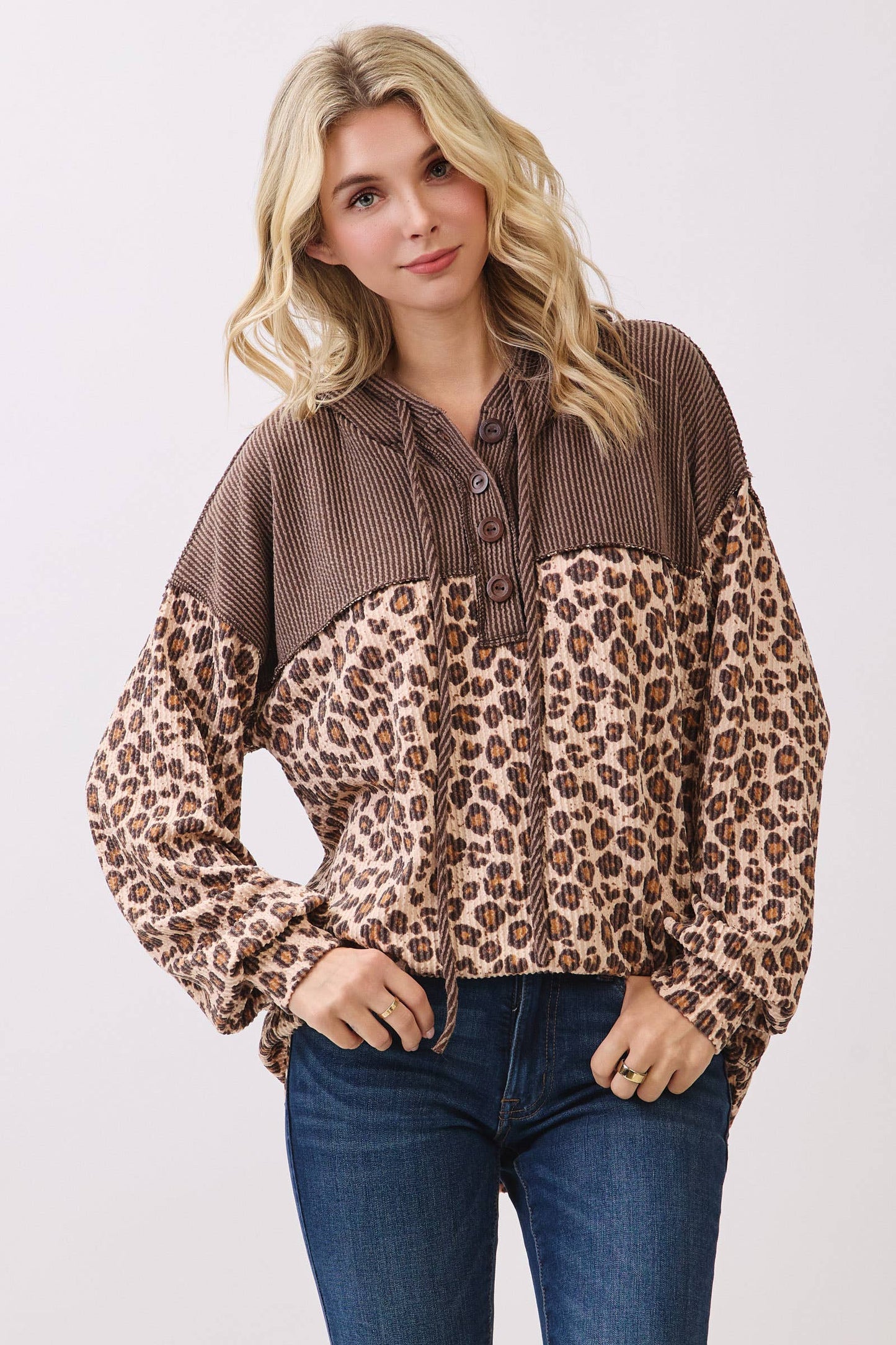Leopard Print Button Front Drawstring Hooded Sweatshirt: Brown